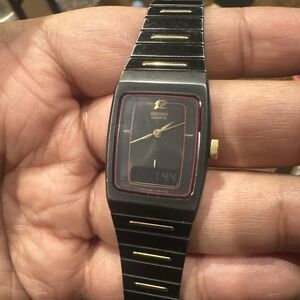 Working Seiko Ladies Watch 22mm Analog Digital Black Tone Rectangle Fit 7in Rare